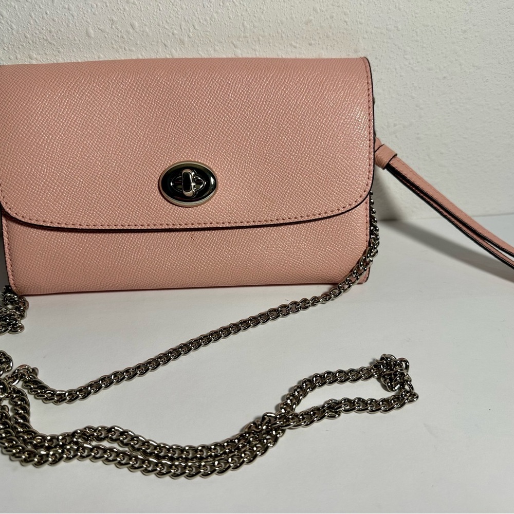 COACH Outlet: Pink Wallet/Wristlet with Silver Chain Shoulder Strap